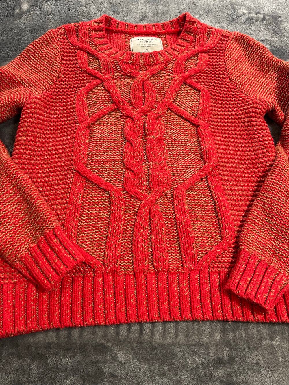 Abercrombie & Fitch Red Cable Knit Fisherman Sweater Womens Medium Coral Tan